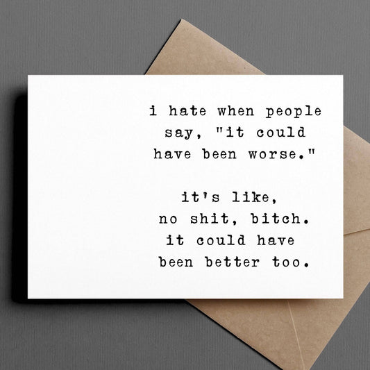 Card with humorous text on a gray background