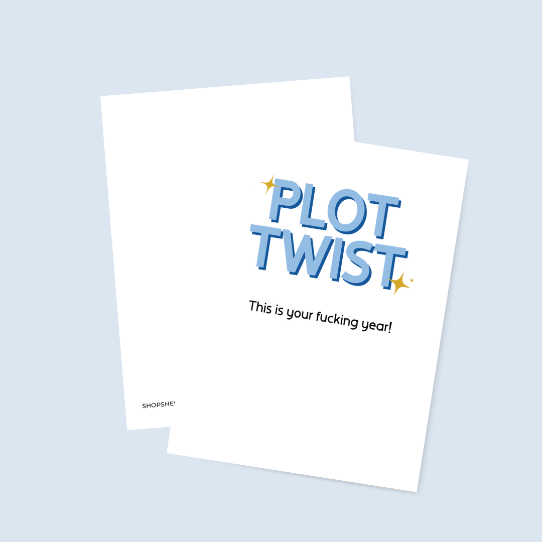Greeting card with 'PLOT TWIST' text on a light blue background