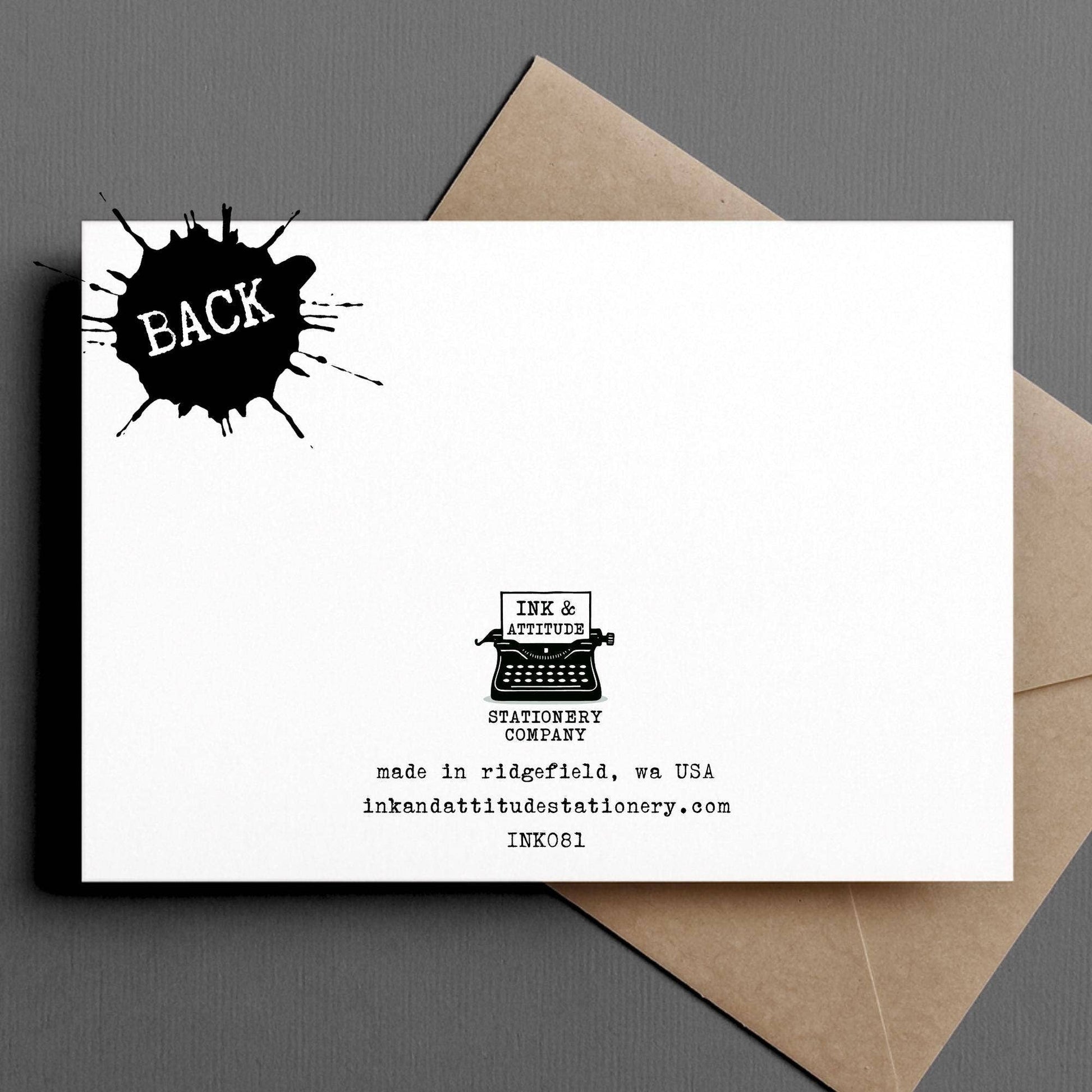 Card with 'Back' text and stationery company branding on a gray background