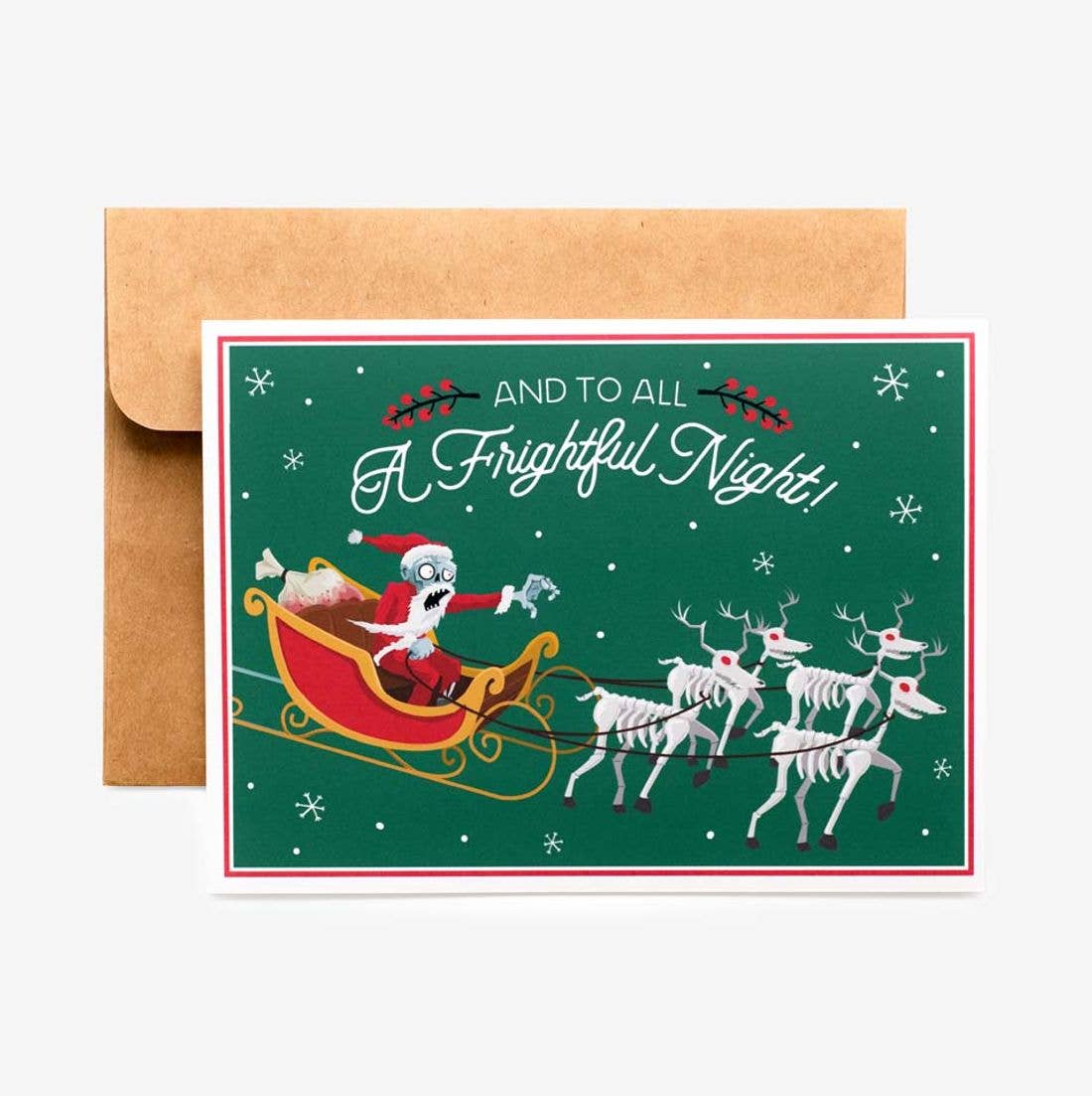 A Christmas greeting card with a brown kraft envelope, featuring Santa Claus in a red sleigh being pulled by white reindeer on a dark green background with the text 'AND TO ALL A Frightful Night!'.