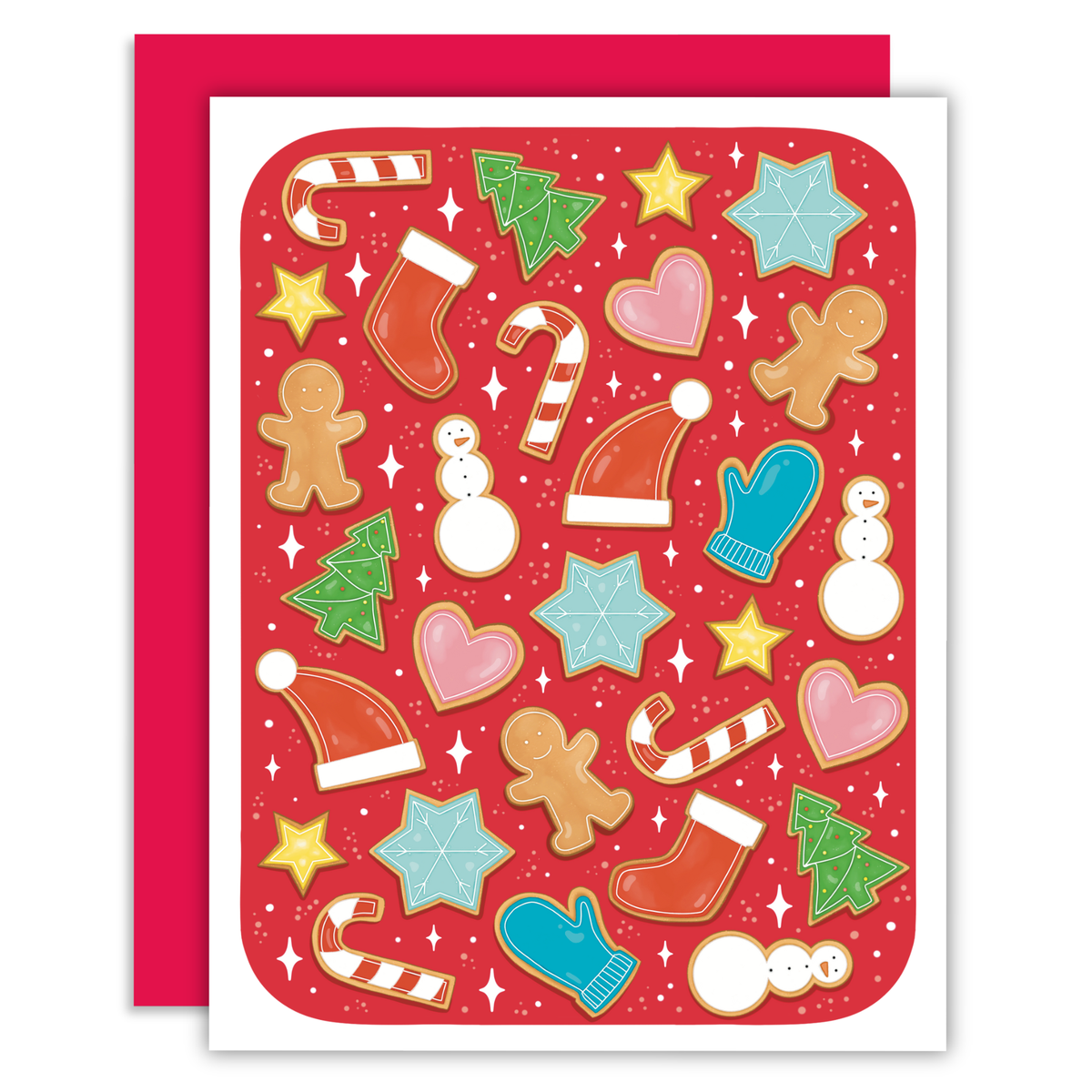 A festive Christmas card with a red background and white border, decorated with colorful holiday illustrations including gingerbread cookies, candy canes, Santa hats, mittens, snowmen, stars, and trees. A matching red envelope is placed behind the card.