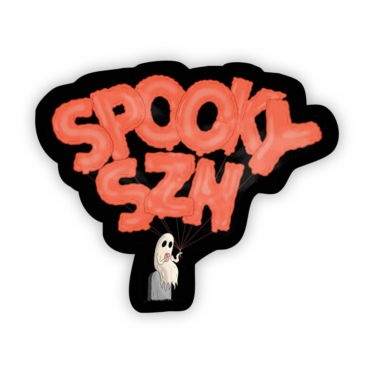 A die-cut sticker featuring the word 'SPOOKY' in large coral-pink balloon-style letters on a black background, with a small cartoon ghost holding the balloon strings below.