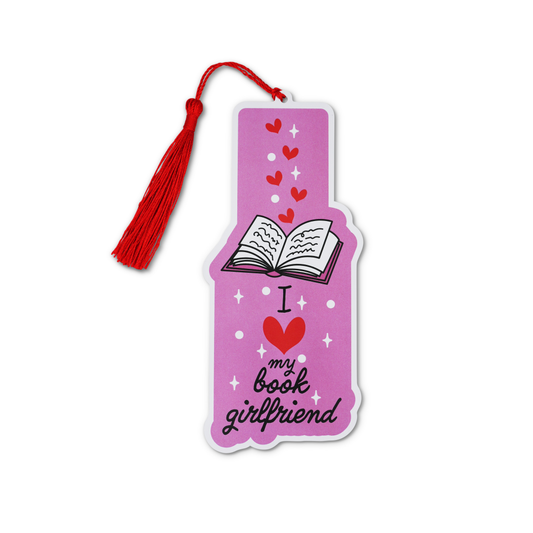 Pink bookmark with tassel featuring 'I love my book girlfriend' text on a white background