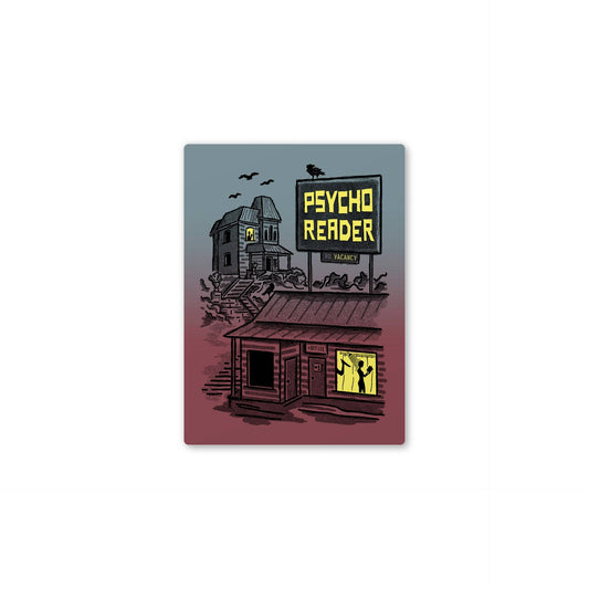 A rectangular art print or poster featuring a stylized illustration of a creepy reading shop scene with a haunted house, a sign reading 'PSYCHO READER', bats, and a small building with glowing yellow windows, shown on a plain white background.