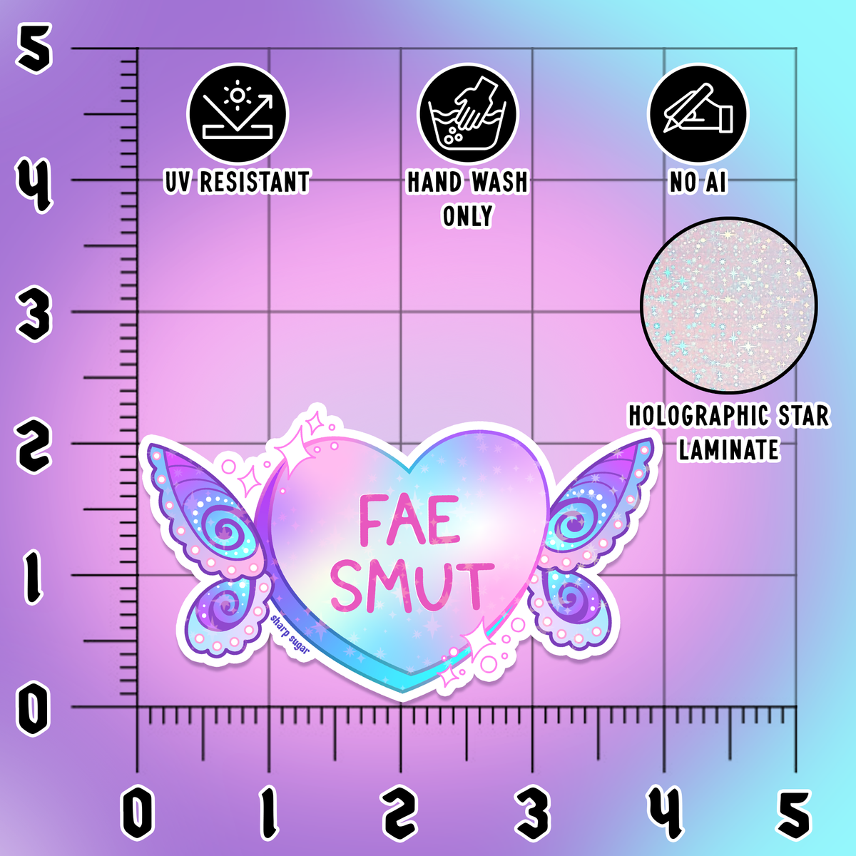 A sticker or decal design shown on a purple measurement grid background with ruler markings. The central product is a holographic heart sticker with pastel pink and blue iridescent shading, decorative butterfly wings on both sides, and the text 'FAE SMUT' in pink.