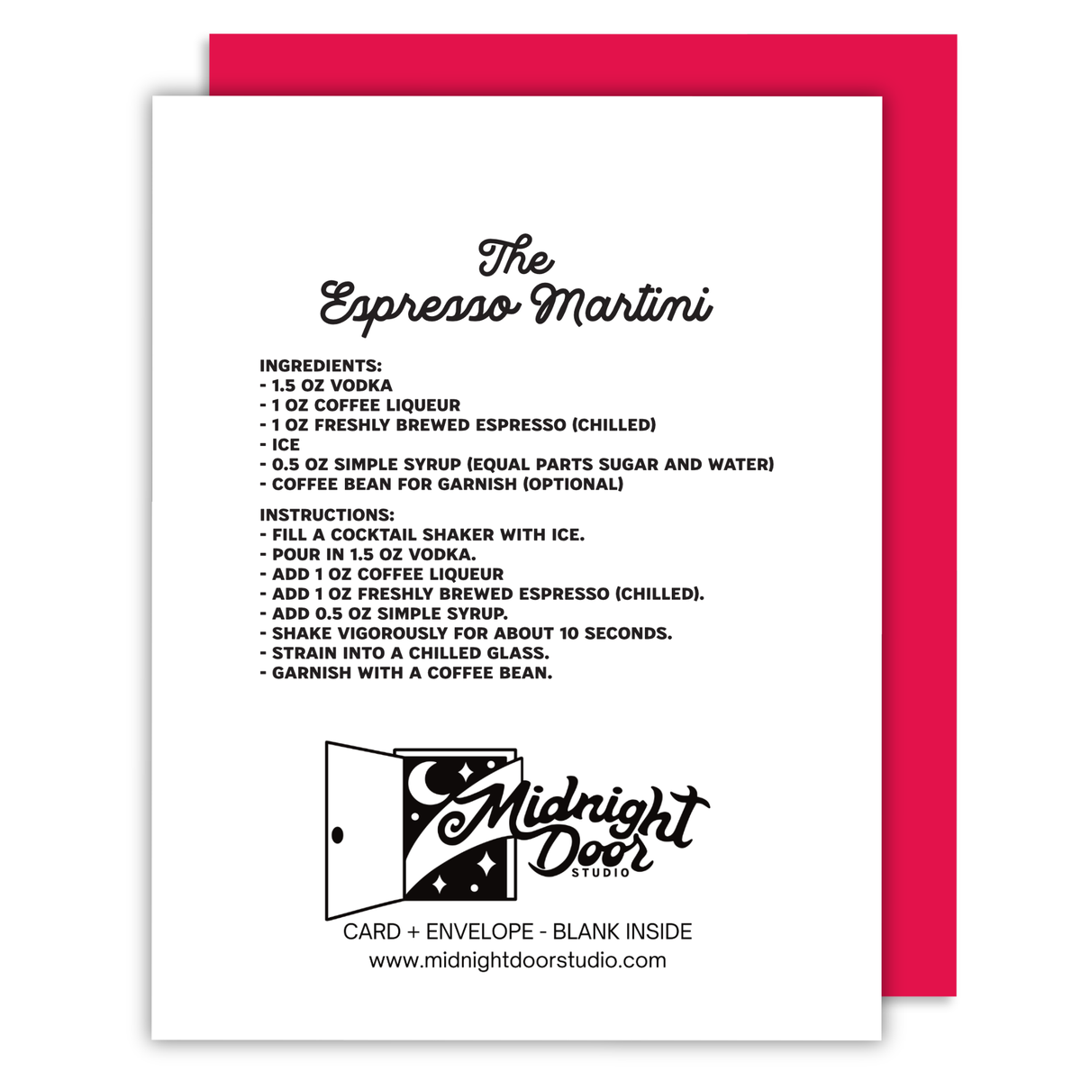 Recipe card for 'The Espresso Martini' with Midnight Door Studio branding on a white background.