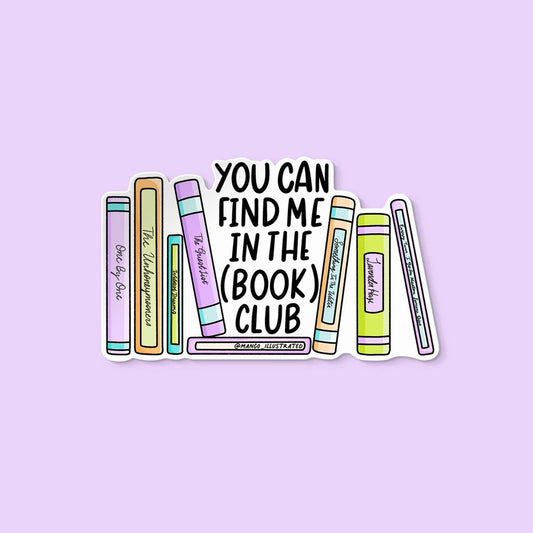 Illustration of books with text 'You can find me in the book club' on a light purple background