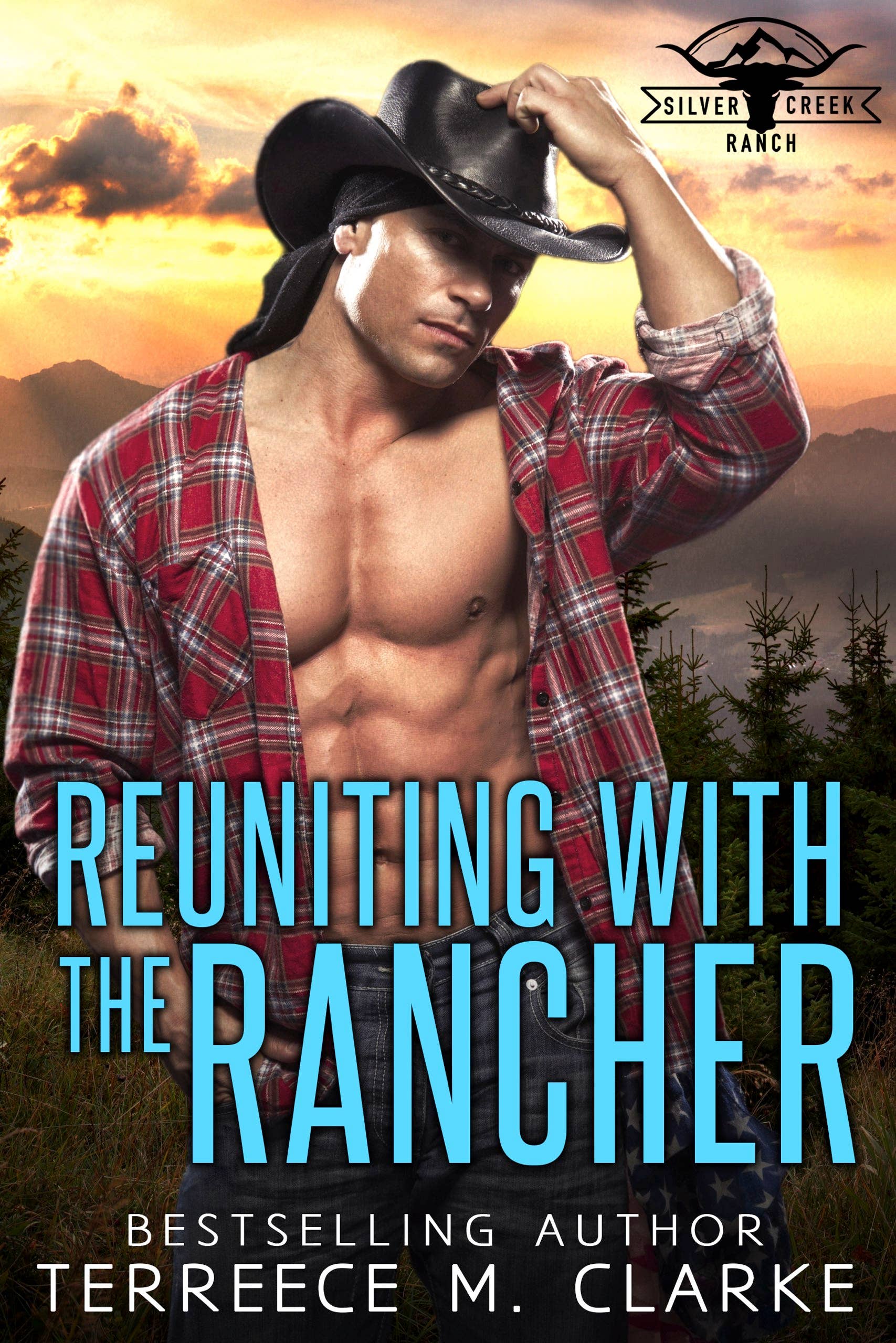Book cover of 'Reuniting with the Rancher' featuring a shirtless man in a cowboy hat and plaid shirt against a sunset background.