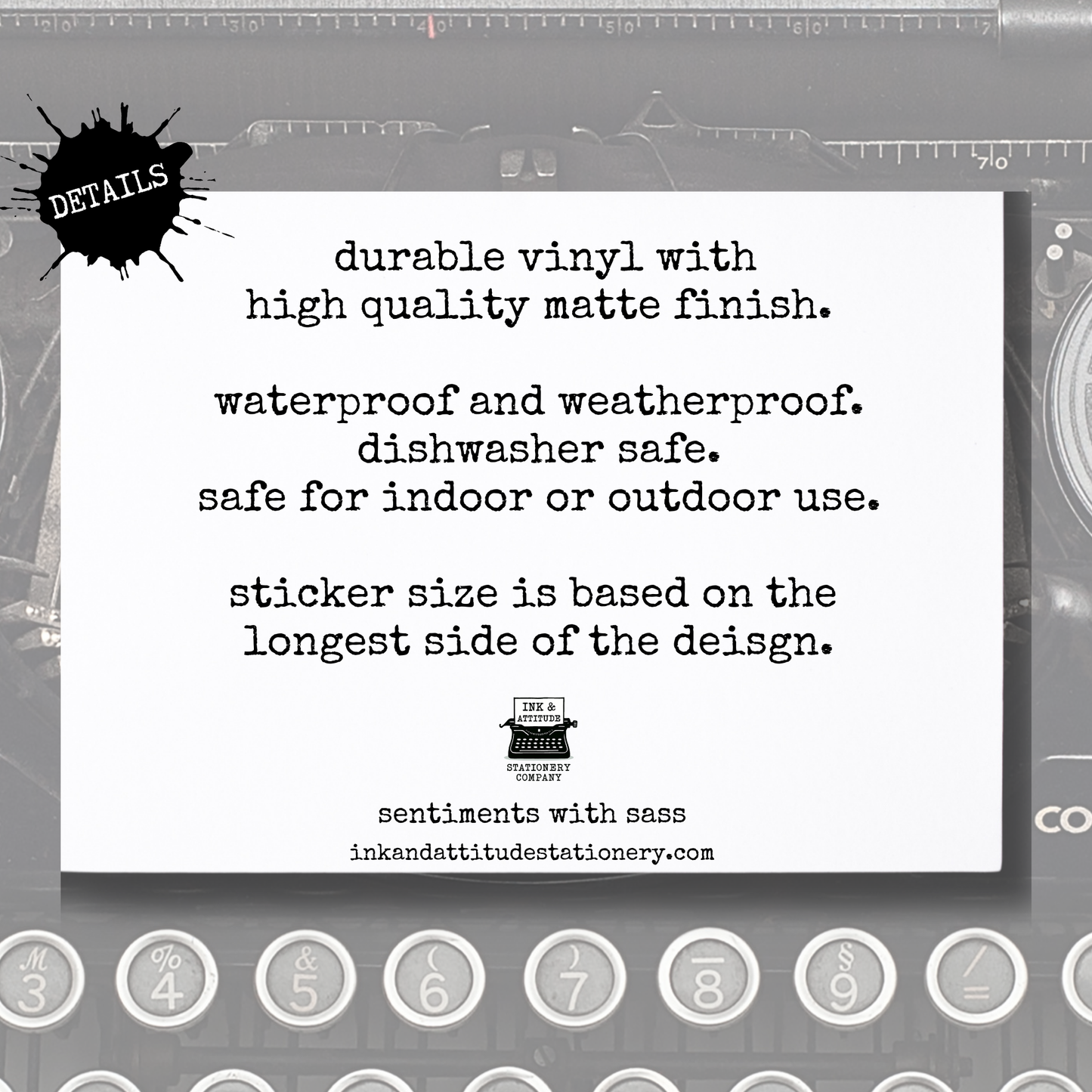 Text card with product details on a gray background