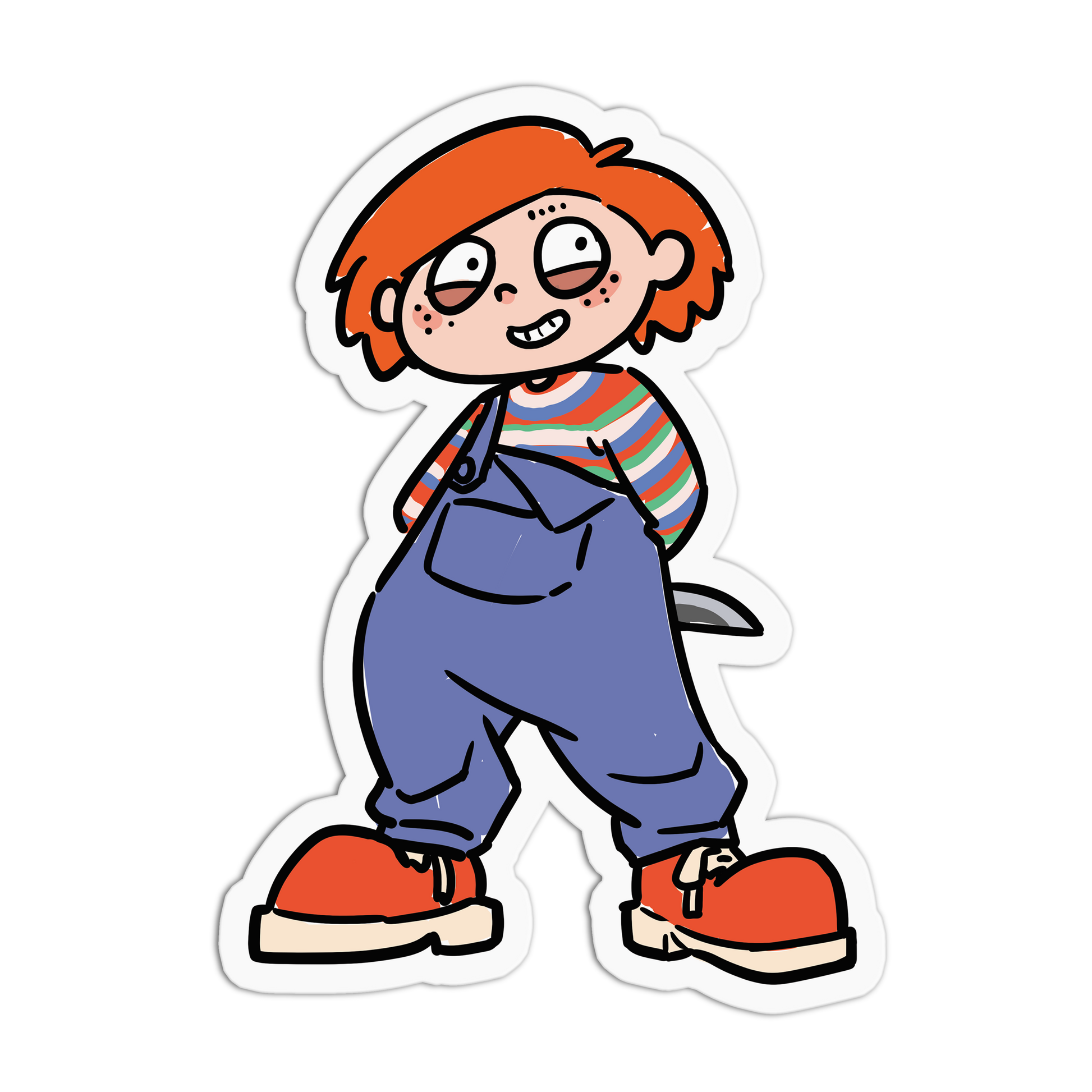 A cartoon die-cut sticker of a child with orange hair, blue overalls, a striped shirt, and orange shoes, shown on a plain white background.