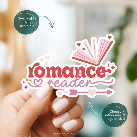 Sticker with 'Romance Reader' design held by a hand, with text about sticker finishes and size options.