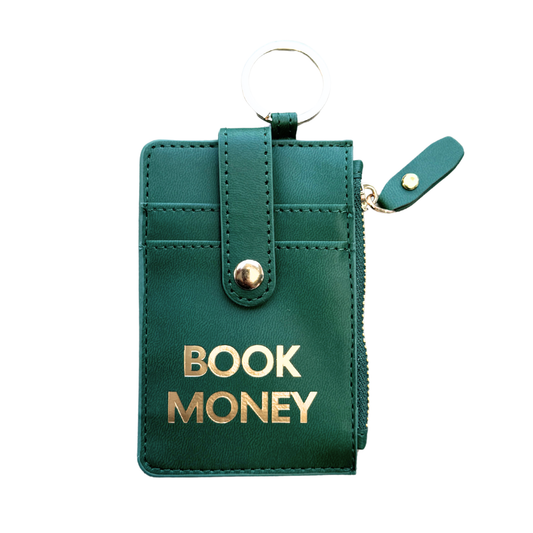 Green wallet with 'BOOK MONEY' text on a white background