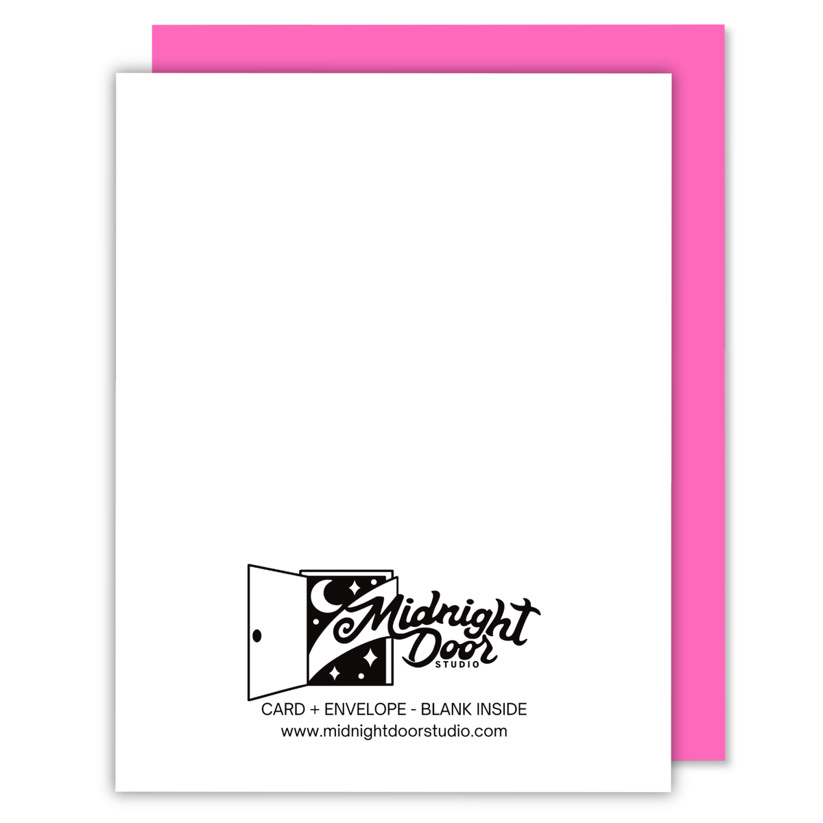 Greeting card with pink envelope and Midnight Door Studio logo