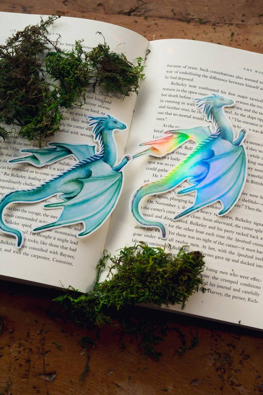 Open book with illustrations of dragons on a wooden surface