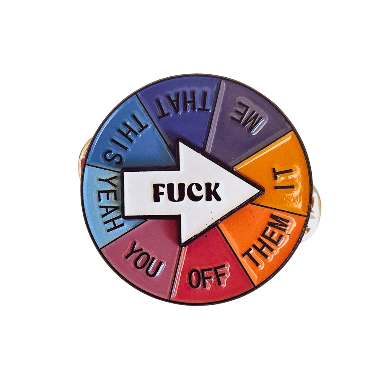 Colorful wheel with text and an arrow pointing to 'FUCK' on a white background