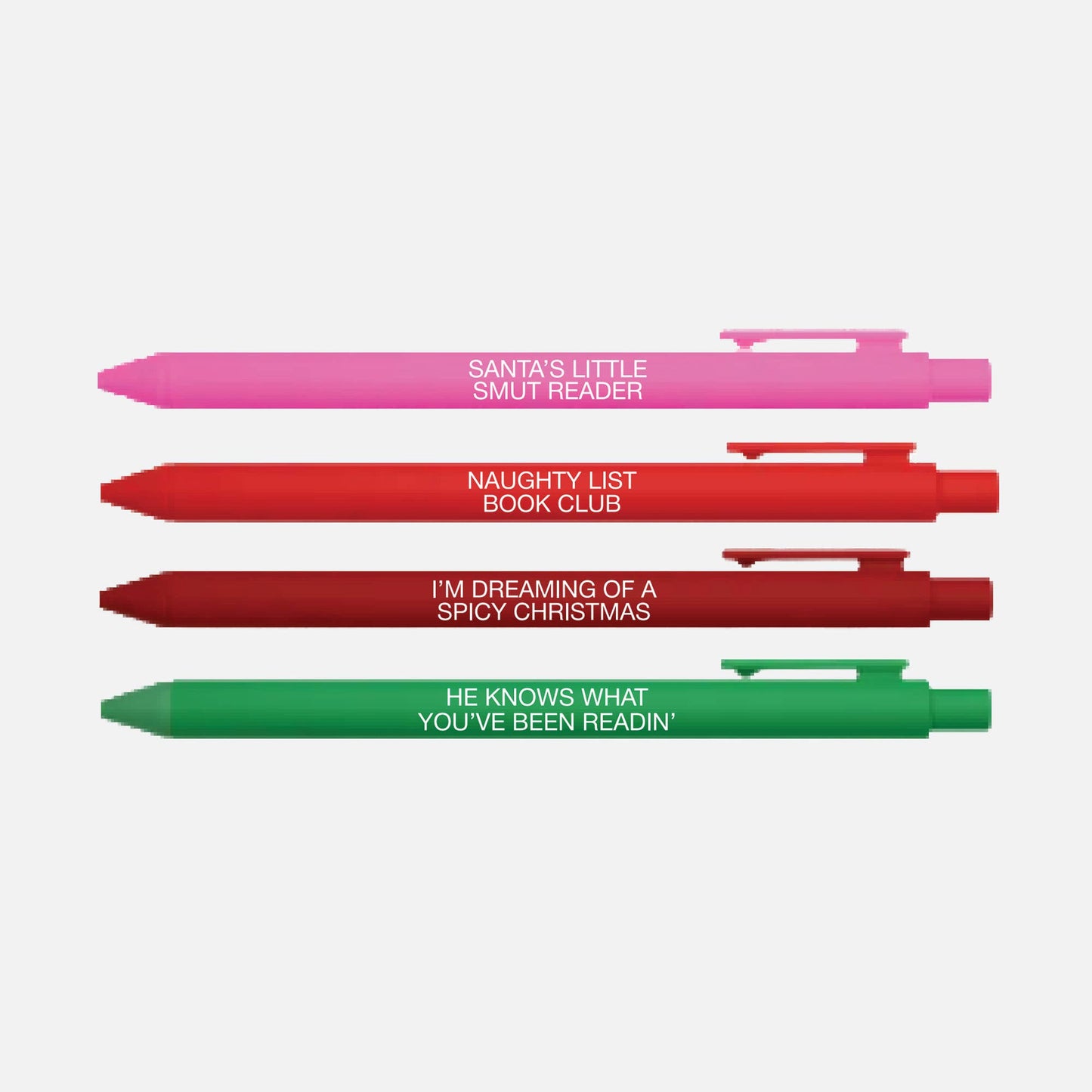 Four pens in pink, red, and green with humorous text on a white background