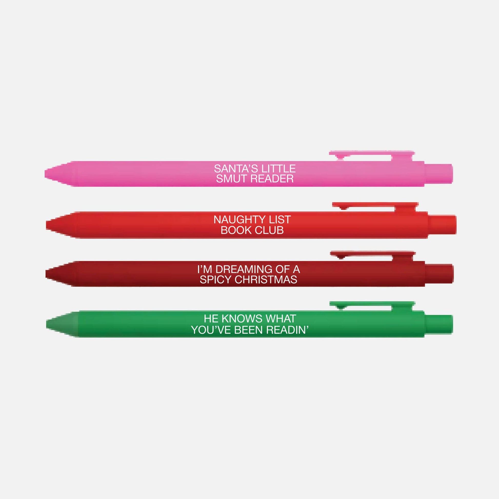 Four pens in pink, red, and green with humorous text on a white background