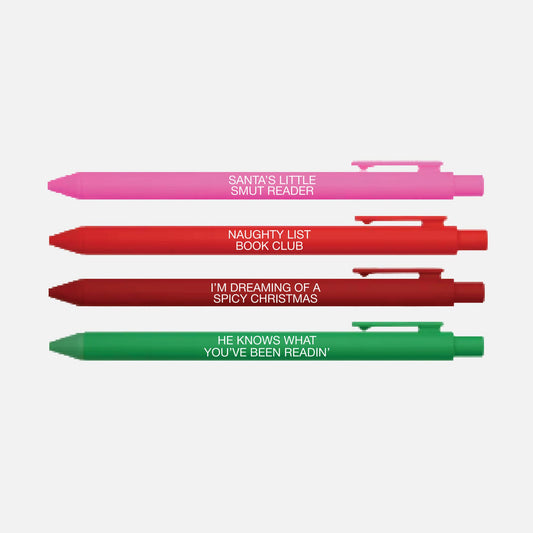 Four pens in pink, red, and green with humorous text on a white background