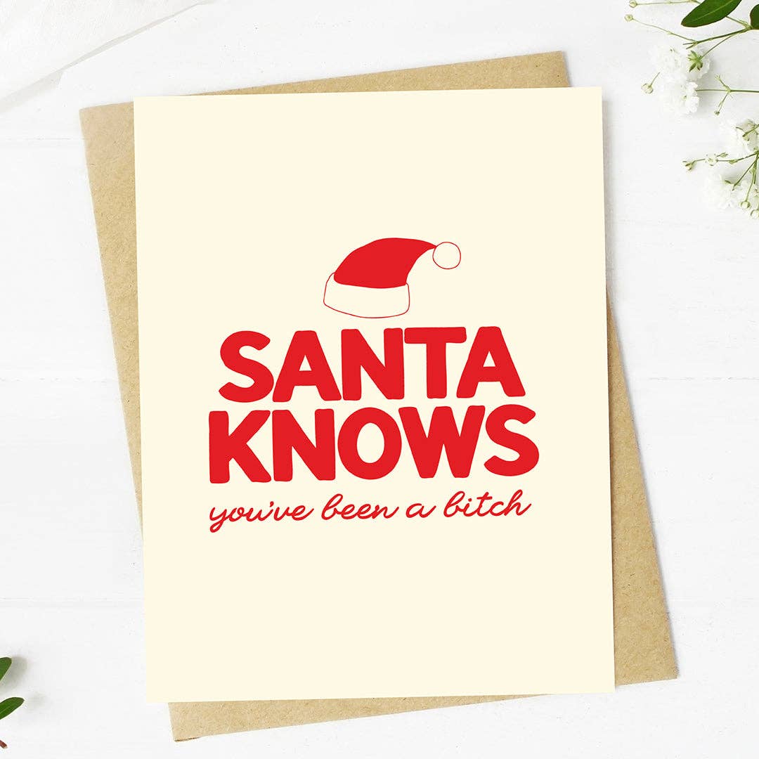 A Christmas greeting card with a kraft envelope, featuring the text 'SANTA KNOWS you've been a bitch' in red lettering with a small Santa hat graphic, photographed on a white wooden surface with small white flowers in the corner.