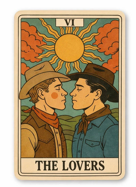 Tarot card sticker titled 'The Lovers' featuring two men in cowboy hats and attire.