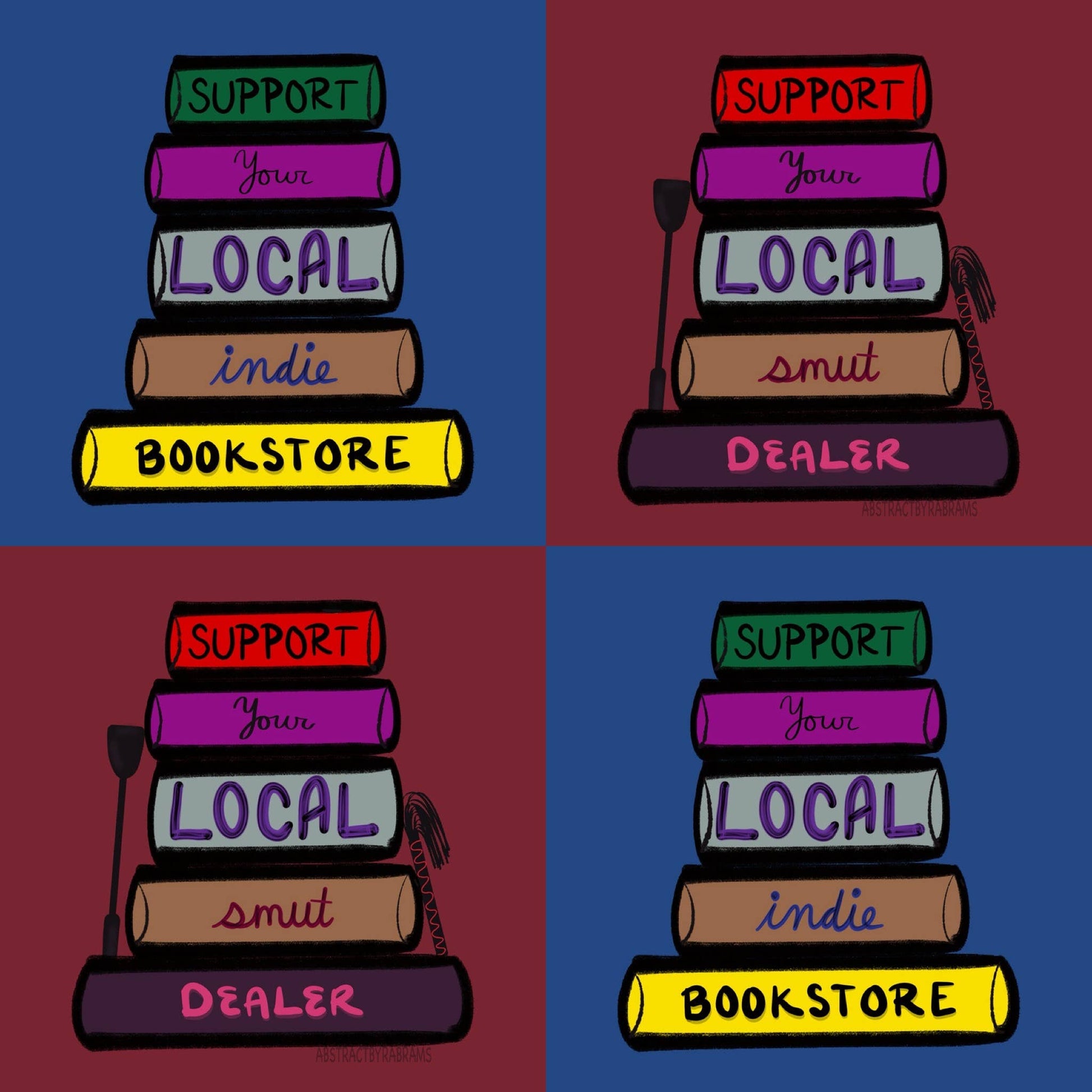 Four quadrants with stacks of books and text supporting local indie bookstore and dealer.