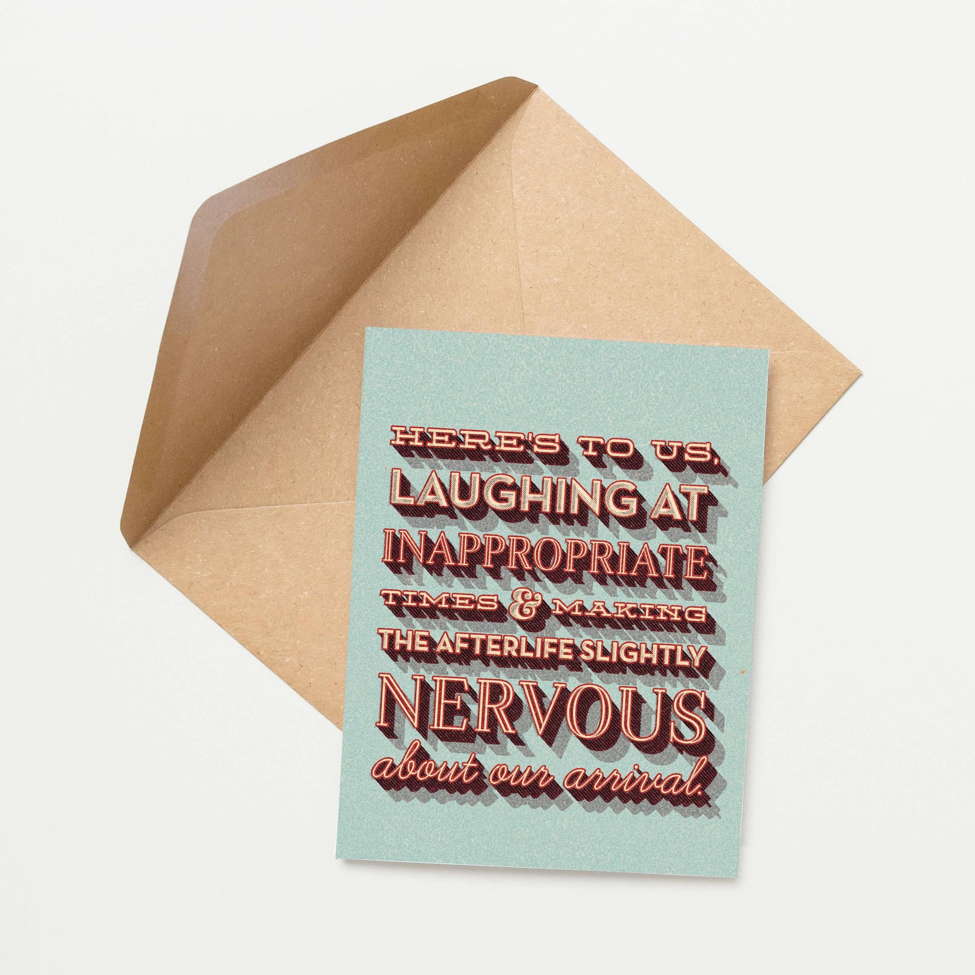 Card with humorous text on a light blue background with a brown envelope.