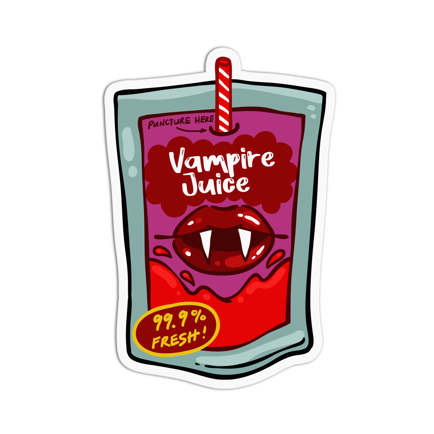 A die-cut sticker depicting a cartoon vampire juice pouch. The sticker features a red and purple liquid, vampire lips with fangs, a red-and-white striped straw, and a yellow badge that reads '99.