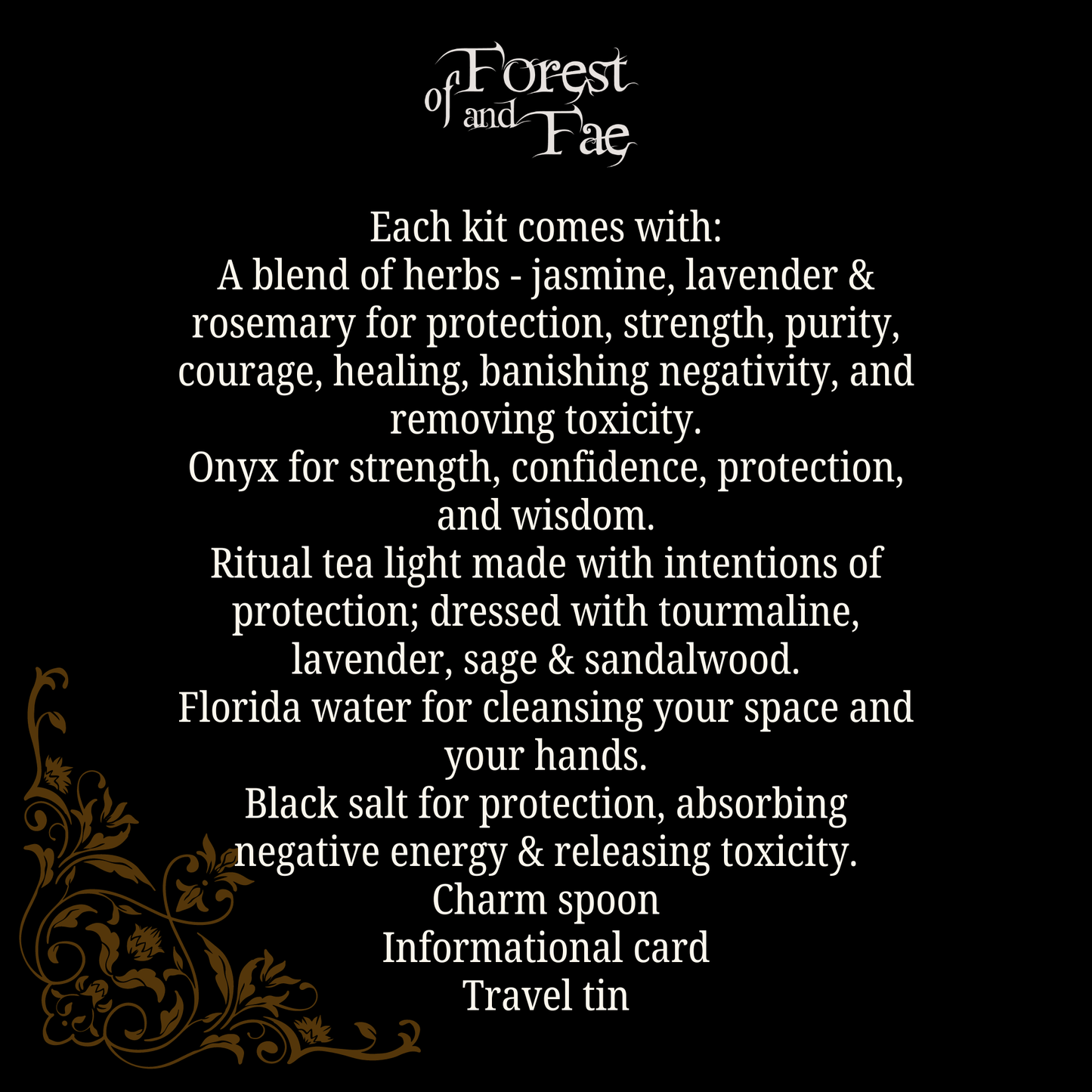 Product description for 'Forest of Fae' kit on a black background with decorative text.