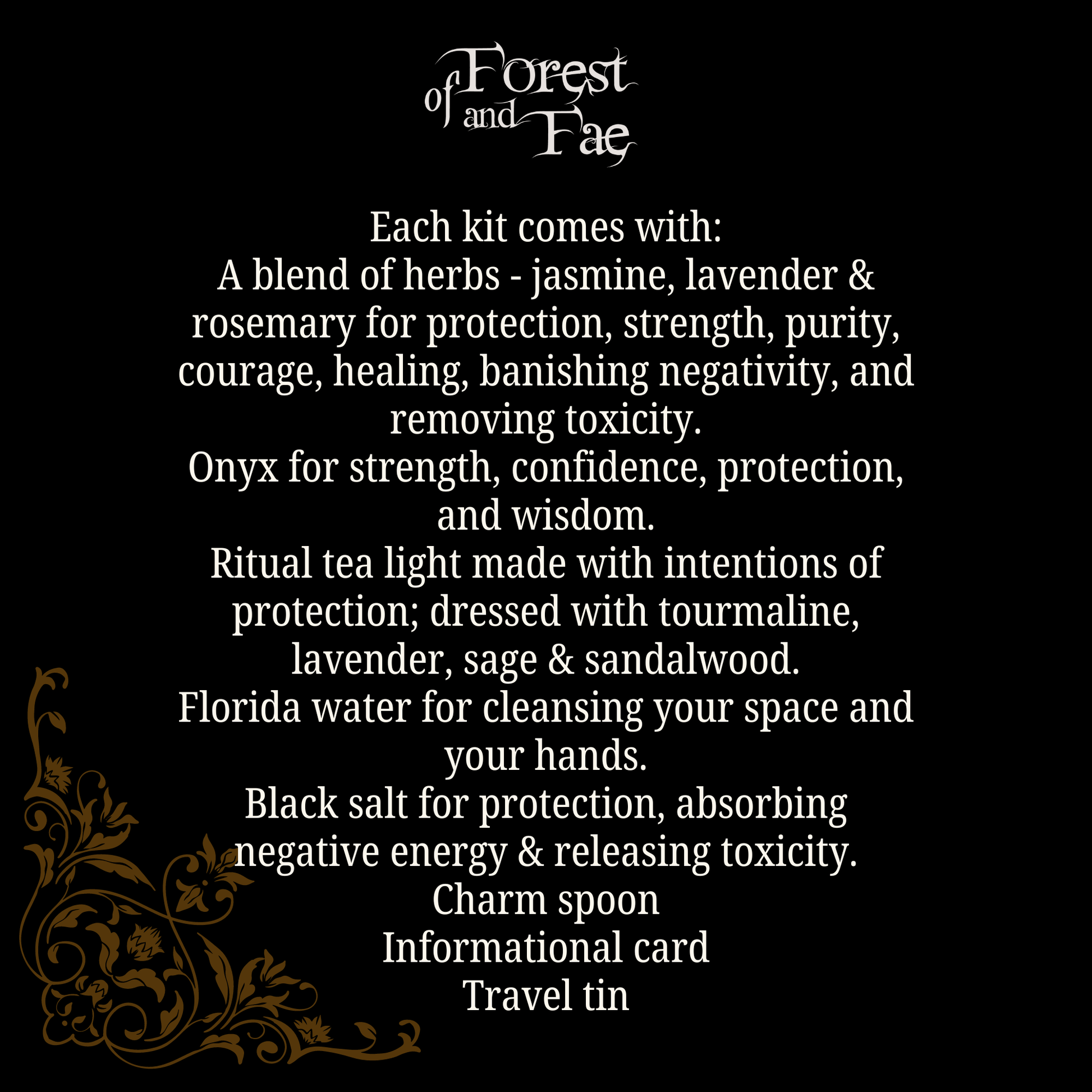 Product description for 'Forest of Fae' kit on a black background with decorative text.