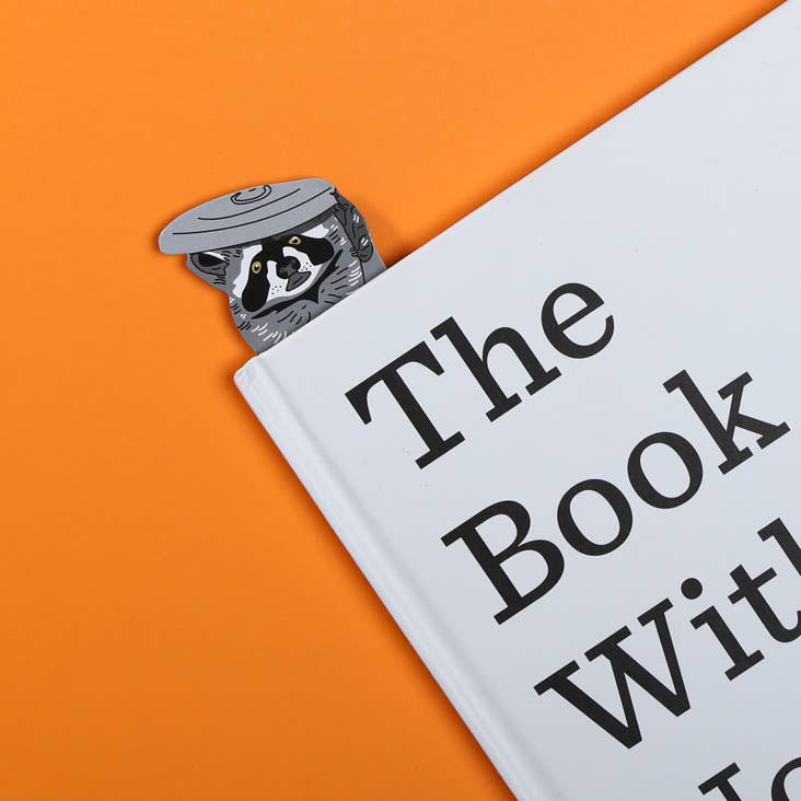 Book corner with a raccoon illustration on an orange background
