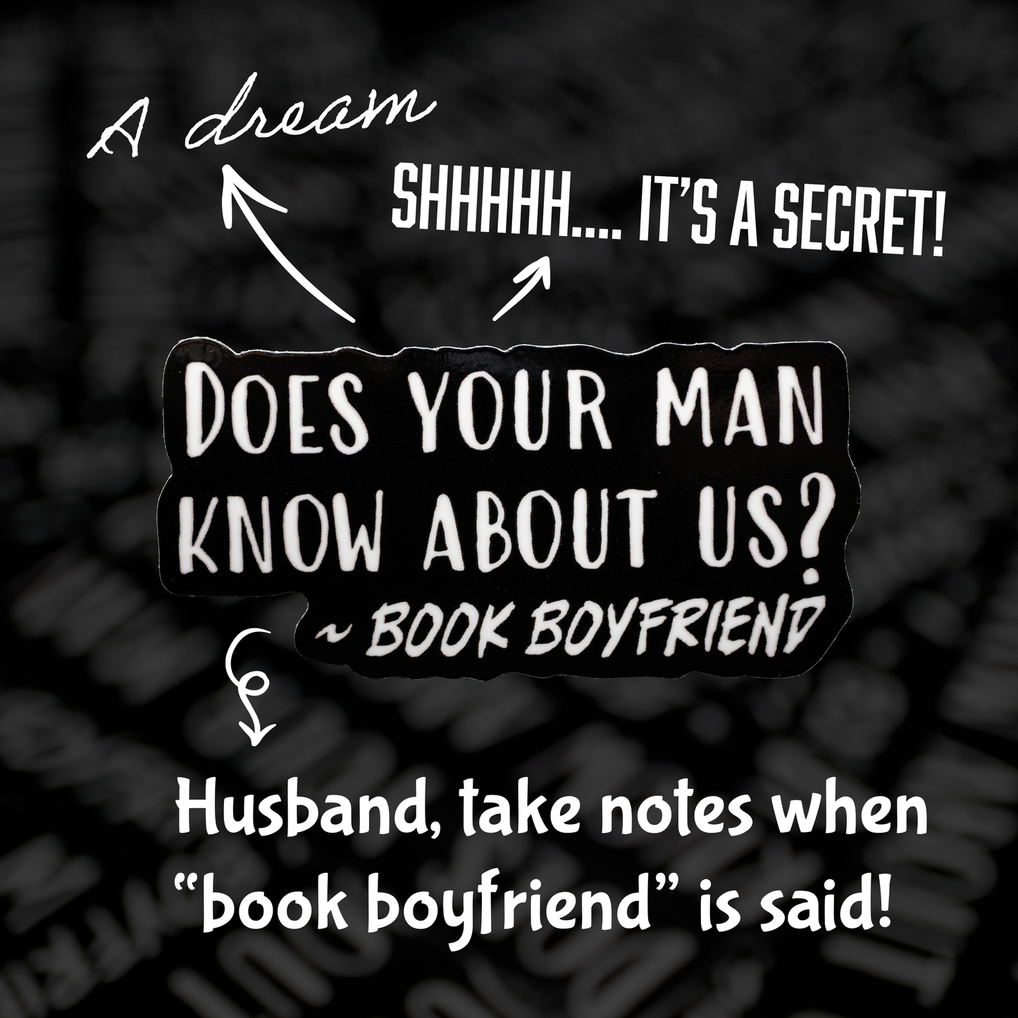 Text message conversation about a 'book boyfriend' on a black background with white text.
