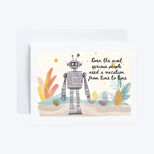 Card with a robot illustration and humorous quote on a white background