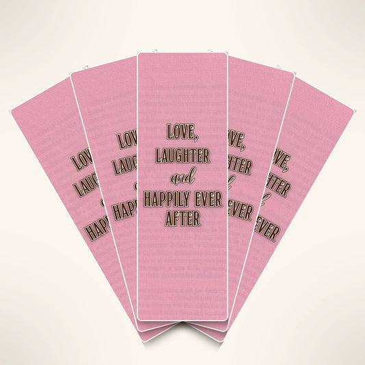 Stack of pink cards with text 'Love, Laughter and Happily Ever After' on a white background