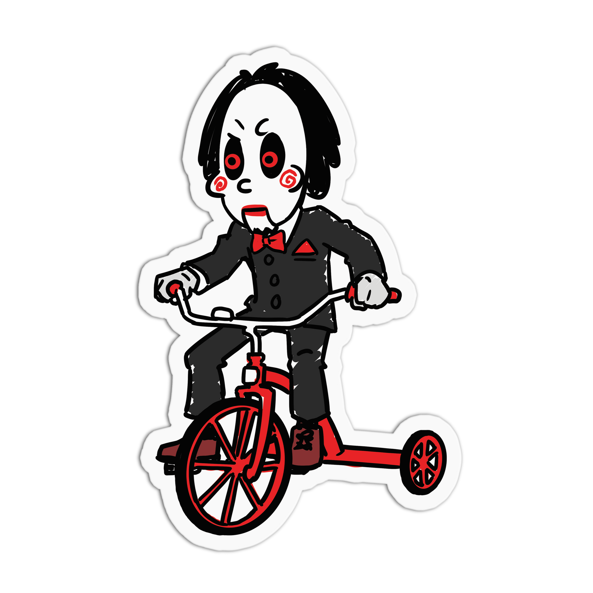 A die-cut sticker featuring a cartoon horror character with a white face, black hair, and a black suit riding a red tricycle, shown on a plain white background.