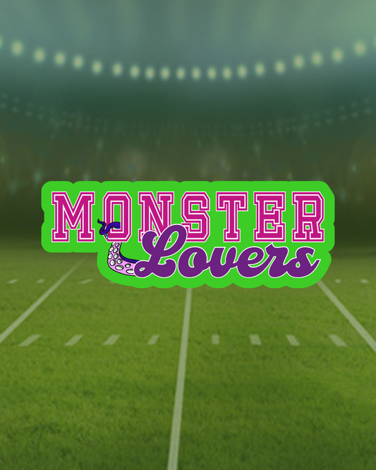 Stylized 'Monster Lovers' logo on a football field background