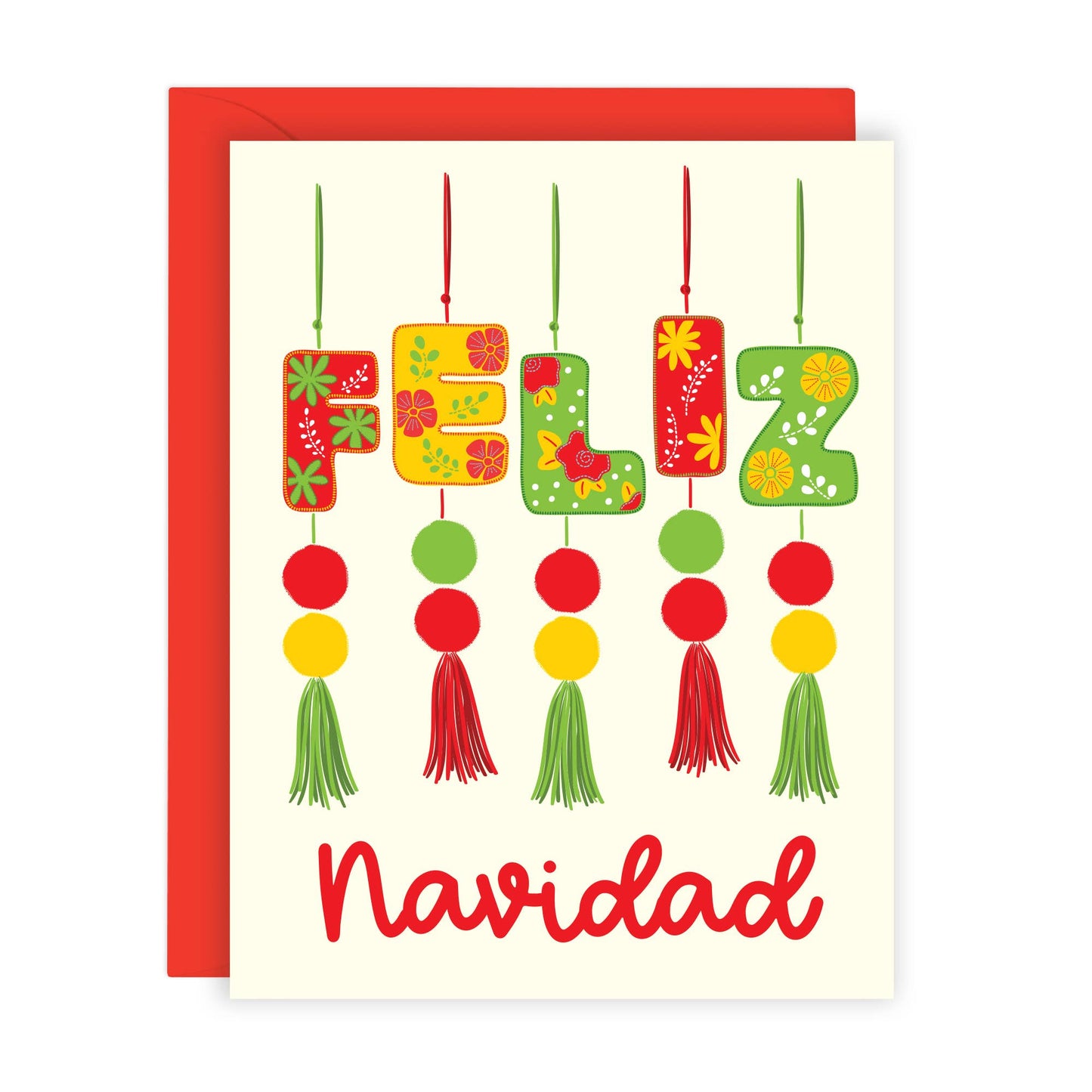 A festive greeting card with a red envelope, featuring the word 'FELIZ' in decorative holiday letters with hanging red, yellow, and green ornaments, and the word 'Navidad' in red script below, shown on a white background.