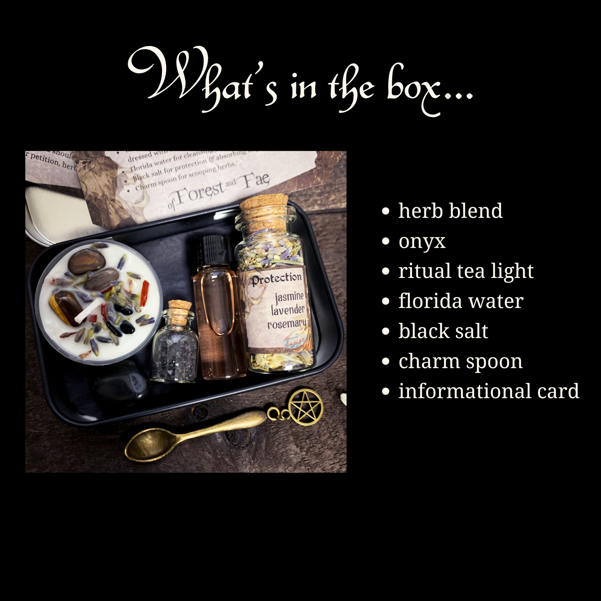 Tray with various items including bottles, a spoon, and a card on a dark background