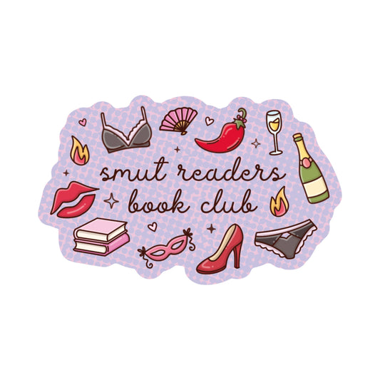 Sticker with icons and text 'smut readers book club' on a white background