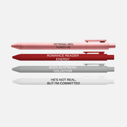 Four pens with humorous text on a white background