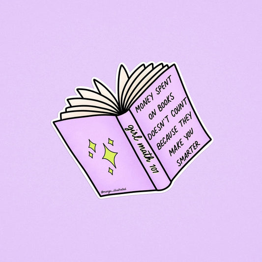 A sticker of an open book with text on a purple background