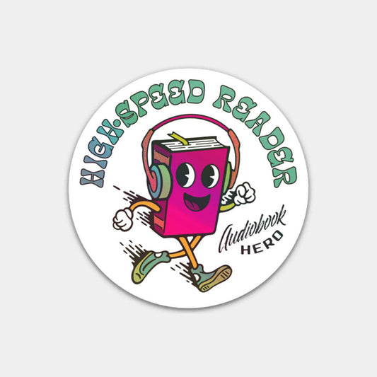 A round white sticker or decal featuring a colorful cartoon book character wearing headphones and running, with the text 'HIGHSPEED READER' around the top and 'Audiobook HERO' on the right, shown on a light gray background.