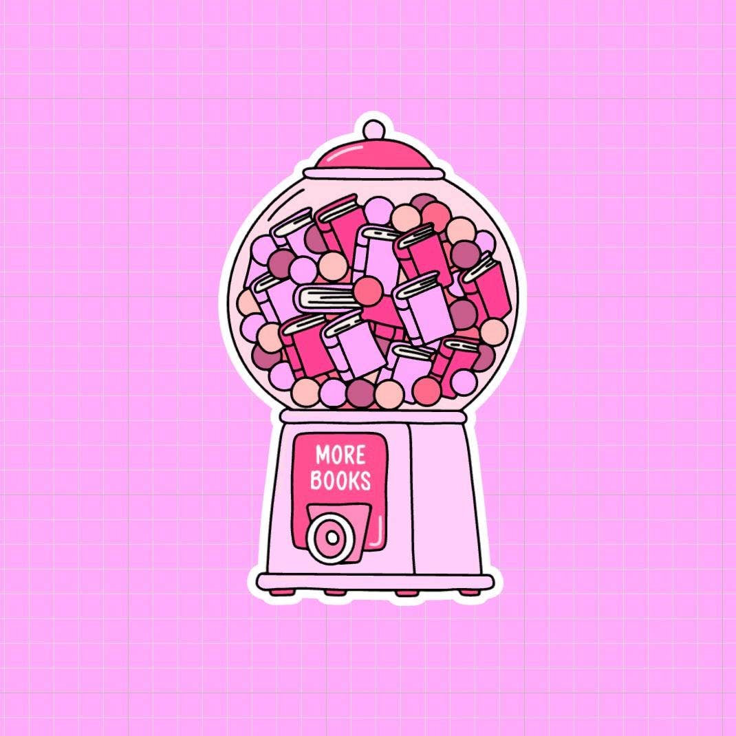 Gumball machine filled with books on a pink background