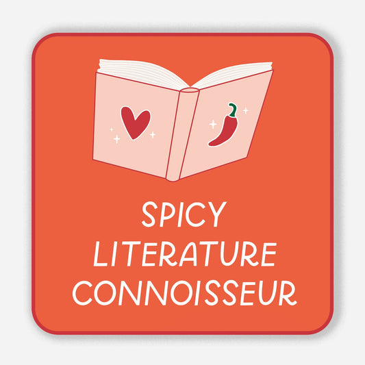 Sticker with an illustration of a book, heart, and chili pepper on an orange background with 'Spicy Literature Connoisseur' text.