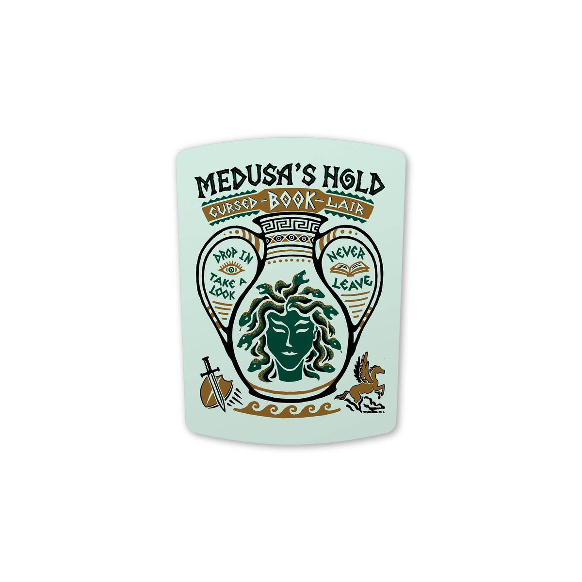 A light mint green book cover with a decorative illustration of Medusa inside a laurel wreath, with the text 'MEDUSA'S HOLD CURSED BOOK SAIL' at the top.