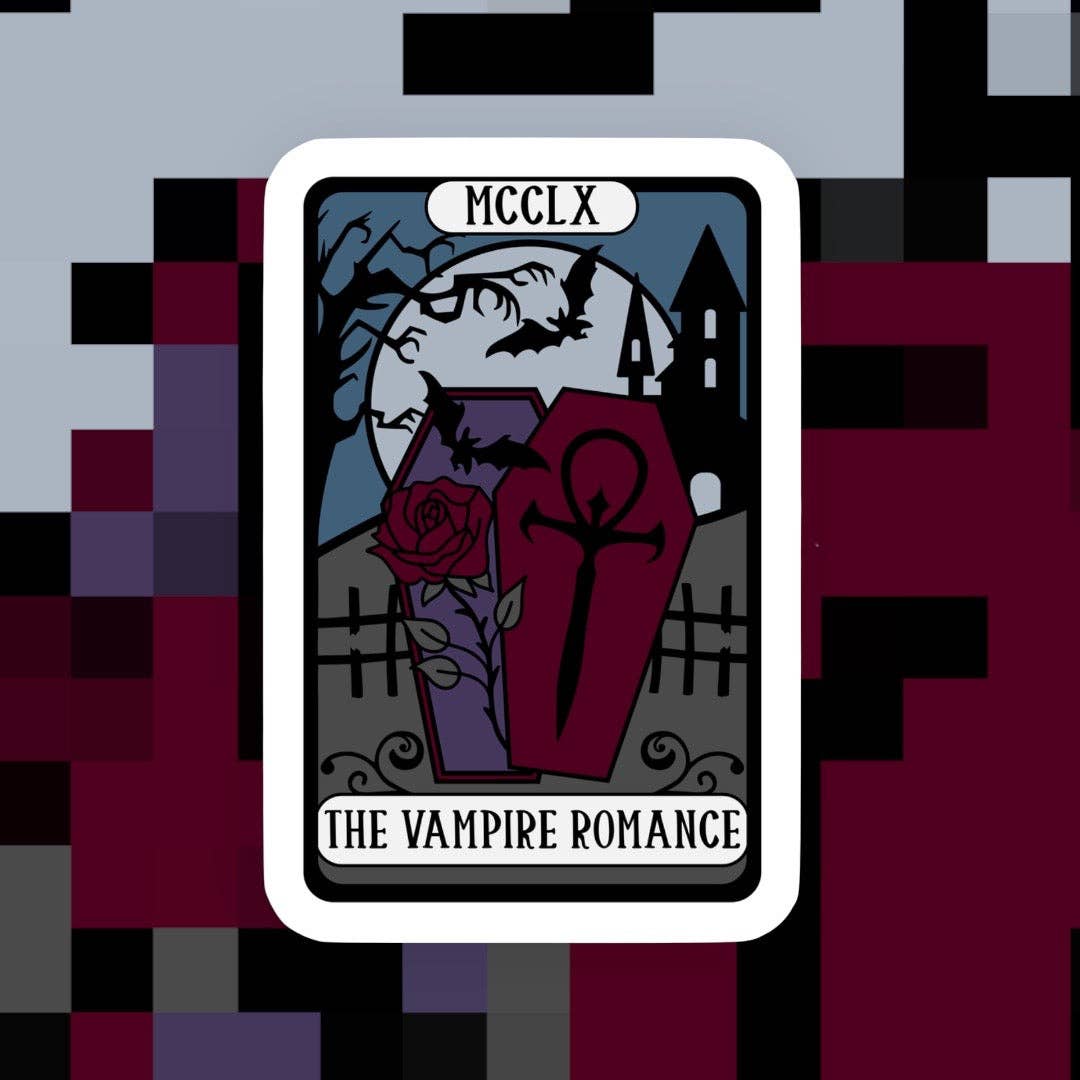 A tarot card titled 'The Vampire Romance' featuring a coffin, rose, bats, and a haunted house under a full moon, displayed against a dark pixelated background.
