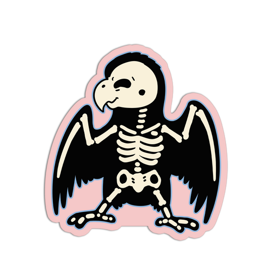 Skeletal bird design on a pink background