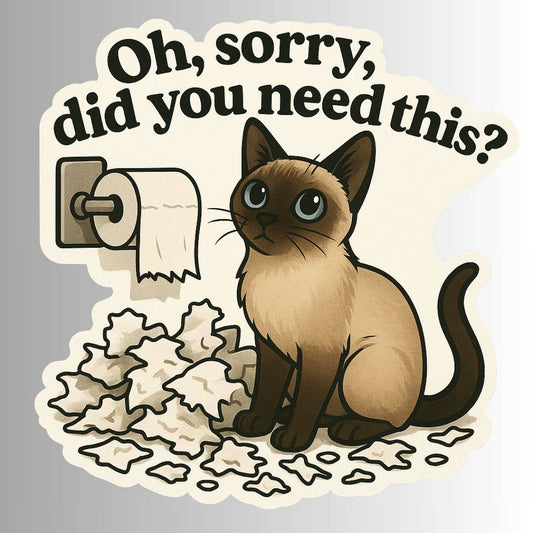 Cartoon cat with toilet paper and text 'Oh, sorry, did you need this?' on a gray background