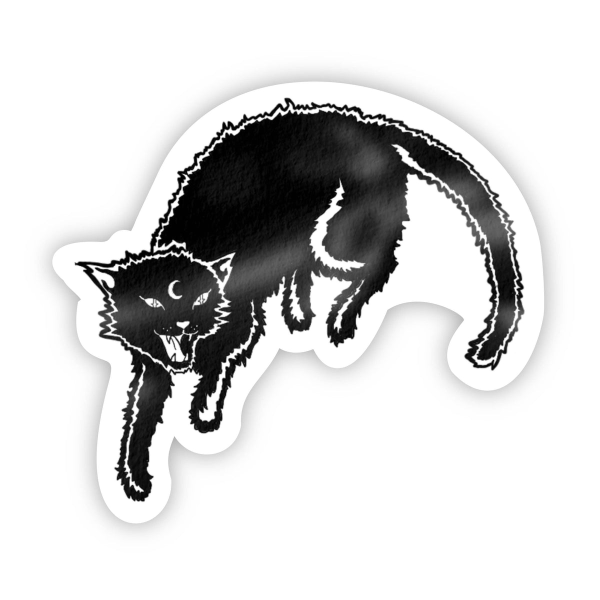 A die-cut vinyl sticker featuring a black cat with a crescent moon on its head, shown in a crouched hunting pose with its mouth open. The sticker has a white border and is presented on a clean white background.