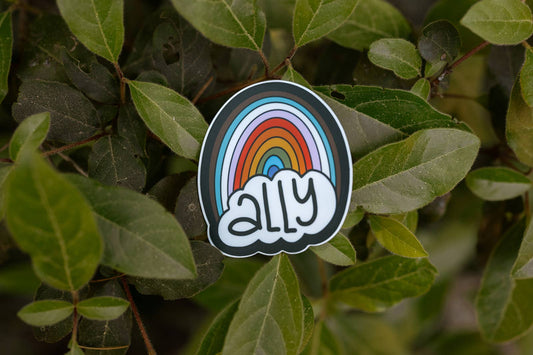 Sticker with a rainbow and 'ally' text on green leaves