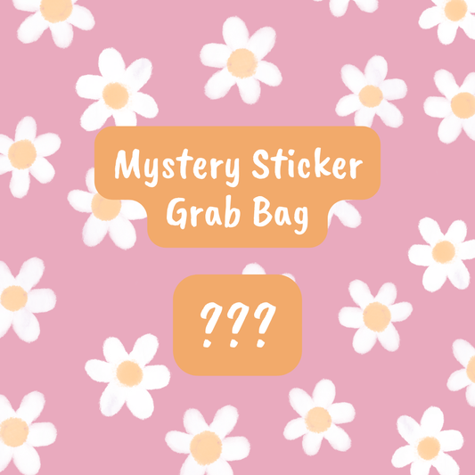 Mystery sticker grab bag text on a pink background with white flowers